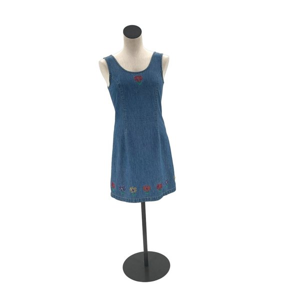 90s Denim Floral Embroidered Mini-Dress Small - Picture 2 of 9